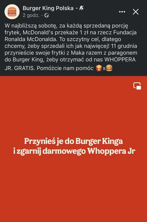 Whopper Jr w Burger King za darmo przy zakupie frytek w McDonald