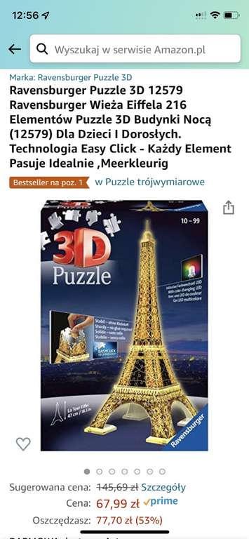 Puzzle 3D LED Ravensburger Wieża Eiffla 216 elementow