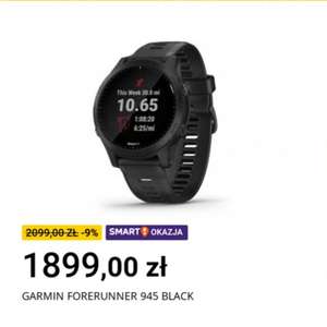 Zegarek sportowy Garmin Forerunner 945 GPS czarny | możliwe 1889 zł z kuponem | Smart okazja start 15 grudnia 20:00