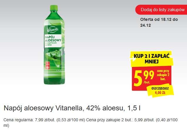 Napój aloesowy Vitanella z cząstkami aloesu, 42% aloesu, 1,5 l @ Biedronka