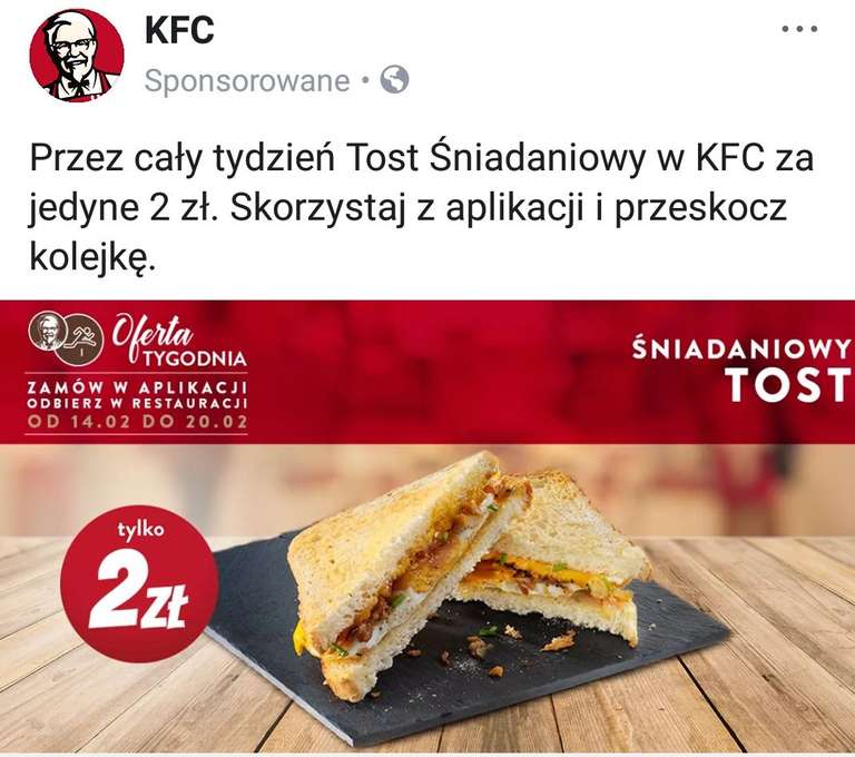 Tost Śniadaniowy w KFC za 2 zł