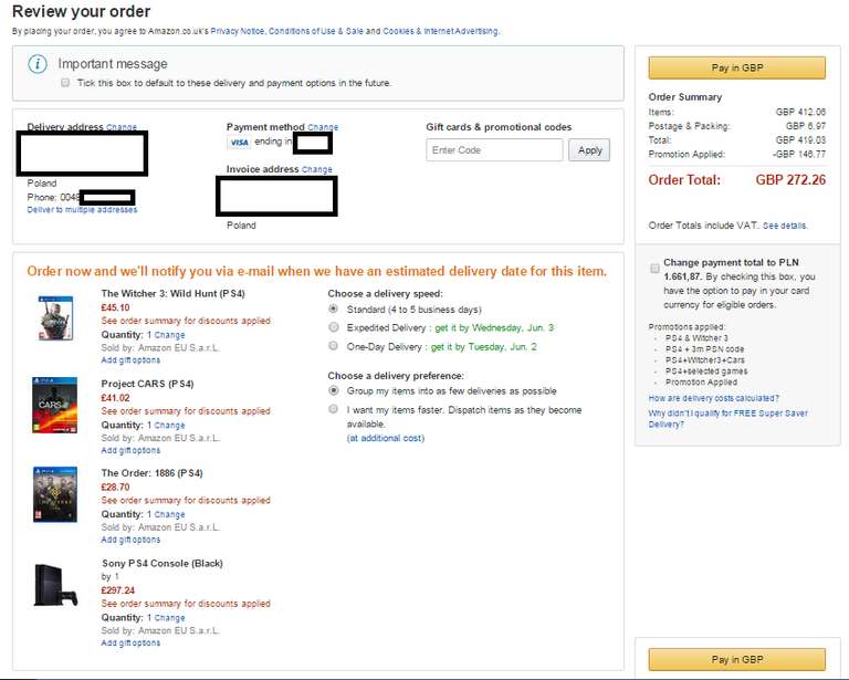 (AKTUALIZACJA) Playstation 4 + Wiedźmin 3 Dziki Gon + Project Cars + The Order 1886 + 3 miesiące PS+ za 1451zł z dostawą! @ Amazon.co.uk