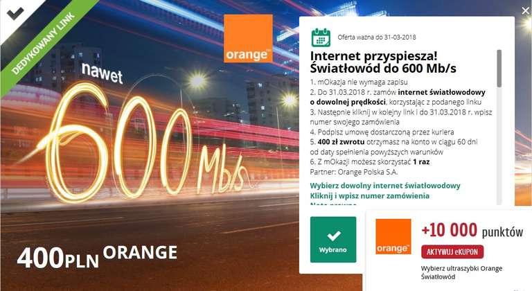 [mBank] 400 zł zwrotu przy zamówieniu Internetu światłowodowego Orange + 10.000 punktów Payback