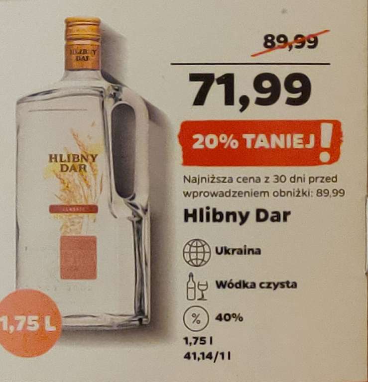 Wódka HLIBNY DAR 40%, w butelce 1,75L (41,14zł/L). NETTO