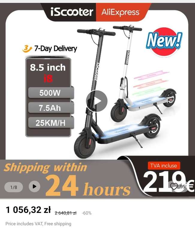 Hulajnoga Elektryczna iScooter i8 500W 7,5ah 25km/h, 210$