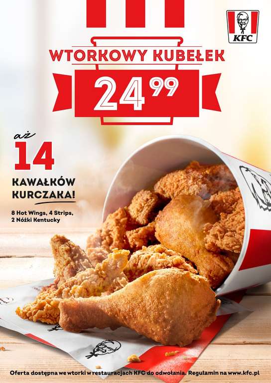 Kubełkowe wtorki KFC (14 kawałków kurczaka za 24,99 zł)