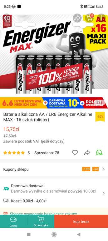 Energizer Max Baterie AA AAA 82gr/szt przy zakupie 4*16szt