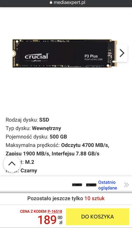 Dysk CRUCIAL P3 Plus 500GB SSD 4.0 x4 NVMe Odczyt 4700 MB/s, Zapis 1900 MB/s