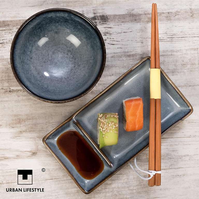 Zestaw do sushi Misaki w kolorze szaro-niebieskim dla dwóch osób (2 talerze do sushi, 2 miski z ceramiki, 2 pary pałeczek z bambusa)