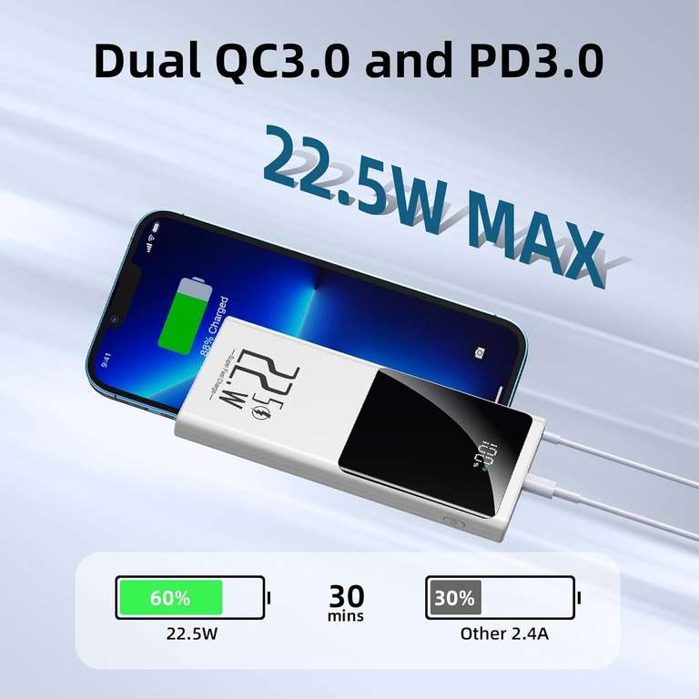 Slim PowerBank 10000mAh 22.5W Szybkie ładowanie PD3.0 QC4.0 USB C