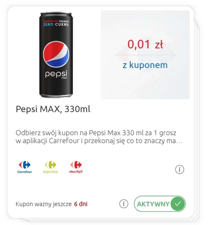 Pepsi max 330 ml za 1 gr z kuponem w aplikacji Carrefour, minimalne zakupy 10 zl