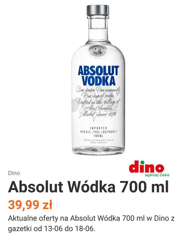 Wódka Absolut Vodka 40% 0.7 L Dino
