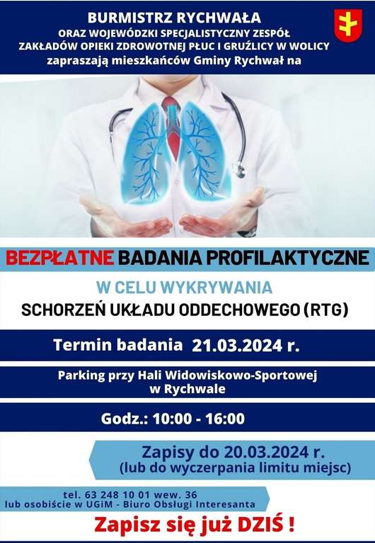 Bezpłatne na badania płuc przy parkingu przy Hali Widowiskowo-Sportowej w Rychwale