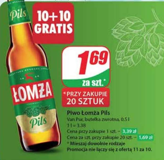 Piwo Łomża pils but.zw. 0,5L 10+10 gratis @Dino