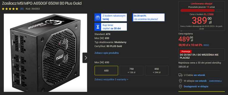Zasilacz MSI MPG A650GF 650W 80 Plus Gold w cenie 389 złotych - Media Expert