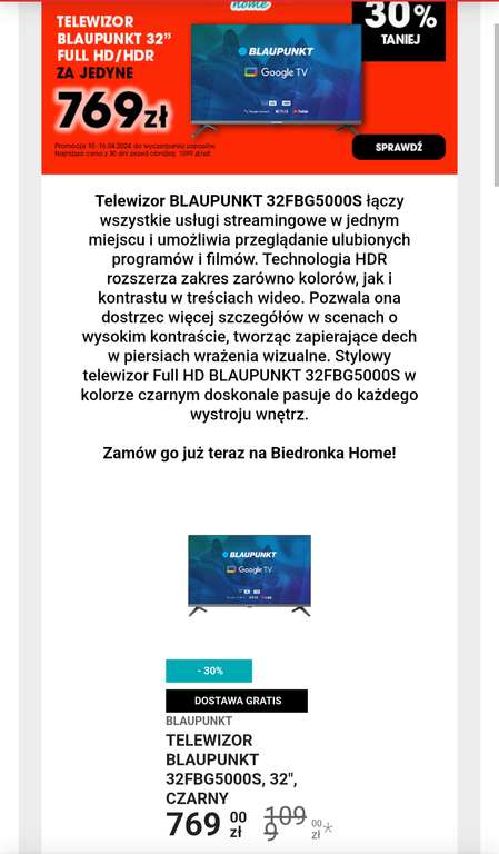Telewizor BLAUPUNKT 32FBG5000S Full HD, Google TV
