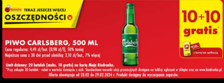 Piwo Carlsberg but.bezzw 0,5L 10+10 gratis @Biedronka