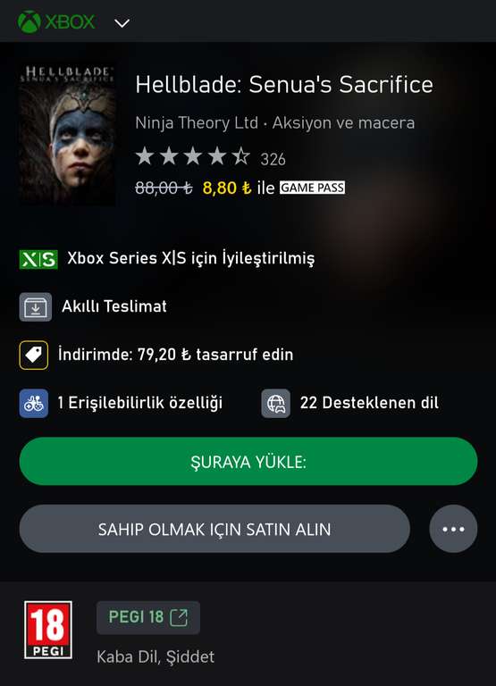 Hellblade: Senua's Sacrifice za 1,08 (cena z game pass) Turecki XBOX store