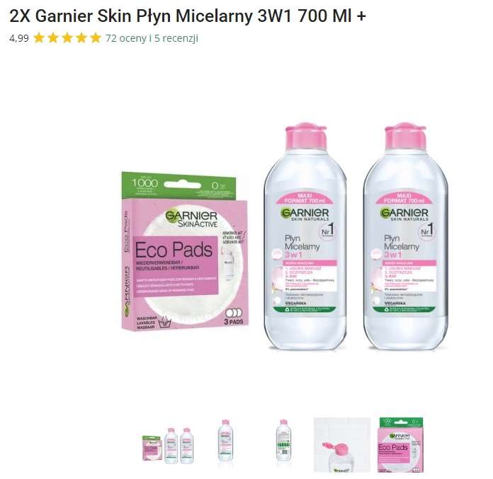 2X Garnier Skin Płyn Micelarny 3W1 700ml plus płatki wielorazowe