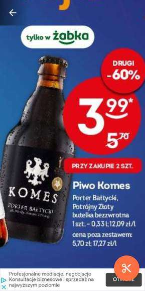 Żabka Piwo Komes Porter Bałtycki i Potrójny Złoty 0,33 l butelka bezzwrotna 3,99 zł z 5,70 zł przy zakupie 2 sztuk. Ogólnopolska.