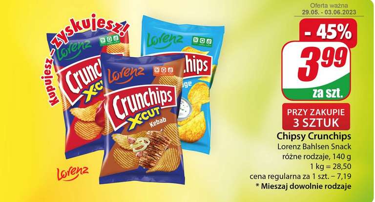Chipsy Chrunchips X-cut 140g różne rodzaje (cena 1 paczki przy zakupie 3) i Olej rzepakowy 3L w cenie 17,99zł @Dino