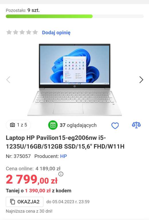 Laptop HP Pavilion15-eg2006nw i5-1235U/16GB/512GB SSD/15,6" FHD/W11H