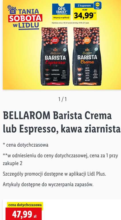 Kawa BELLAROM Barista Crema lub Espresso, kawa ziarnista 1 kg Lidl Tania sobota