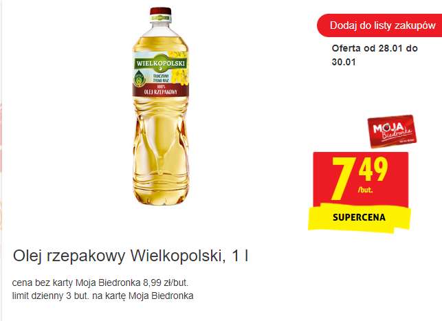 Olej rzepakowy Wielkopolski, 1 l 7,49 z kartą mb - Biedronka