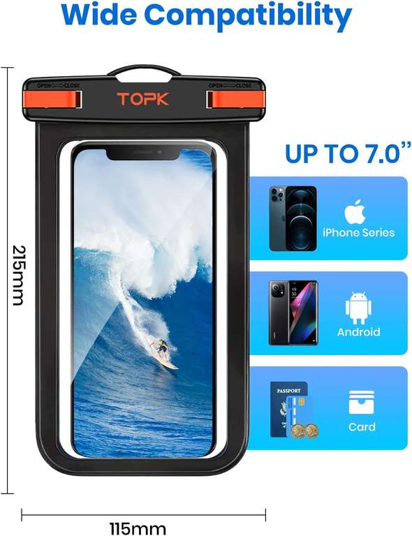 TOPK Wodoszczelne etui na telefon komórkowy, [2 sztuki], wodoodporne, IPX8, do smartfonów o przekątnej ekranu do 7"