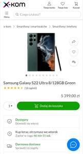 X kom Samsung Galaxy S22 ultra 8/128GB taniej o 500 zł z 5899 na 5399 zł
