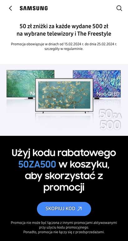 50zł za rabatu za każde wydane 500zł na wybrane modele tv na Samsung.pl