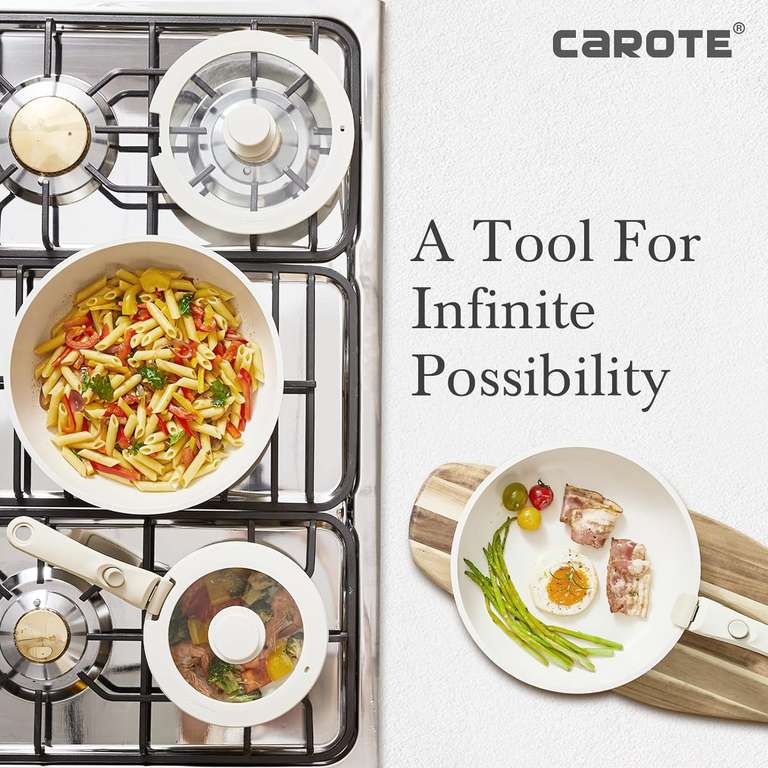 CAROTE - zestaw naczyń nieprzywierających ze zdejmowanym uchwytem, naczynia do gotowania, nadają się do wszystkich kuchenek (11 elementów)