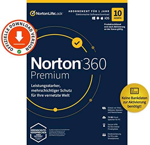 Norton 360 Premium / 10 urządzeń / Unlimited Secure VPN & Manager haseł | 1 rok | | Kod aktywacji przez e-mail / Amazon.DE (9,95€)