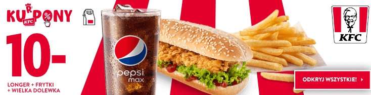 KFC Longer + Frytki + Wielka Dolewka 10 zł Dostępne Tylko w Restauracji