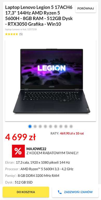 Laptop Lenowo Legion 5 17,3" 144HZ AMD RYZEN 5 5600H - 8GB RAM - 512GB DYSK - RTX3050 GRAFIKA - WIN10