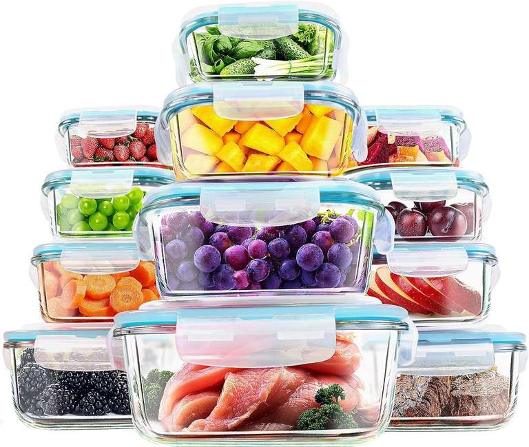 KICHLY - Zestaw szklanych pojemników na żywność - 24 sztuki (12 pojemników, 12 pokrywek), nie zawiera BPA, certyfikat FDA, FSC