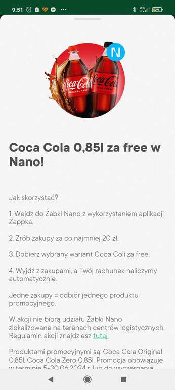 Coca Cola lub Coca Cola Zero 0,85l za free MWZ 20ZŁ żabka nano