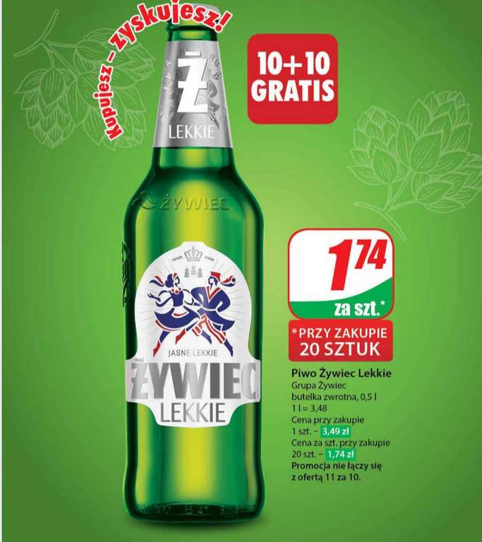 Piwo Żywiec Lekkie but.zw. 0,5L 10+10 gratis @Dino