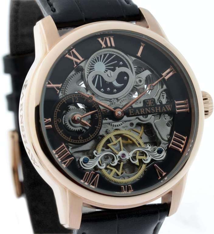 Męski automatyczny zegarek Thomas Earnshaw Longitude z czarnym wyświetlaczem analogowym i czarnym skórzanym paskiem, ES-8006-07