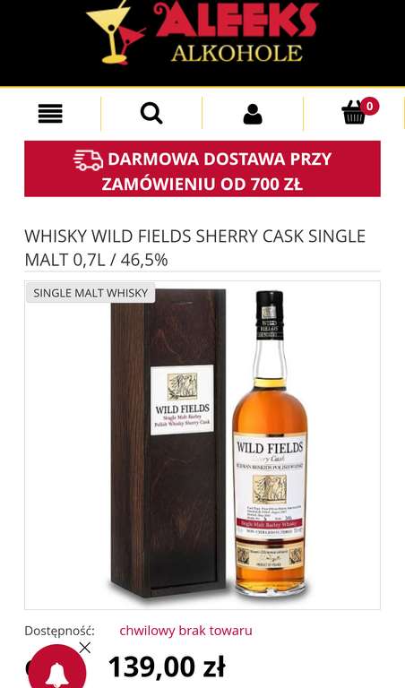 Whisky WILD FIELDS SHERRY CASK SINGLE MALT za 139 zł oferta specjalna Aleeks Alkohole