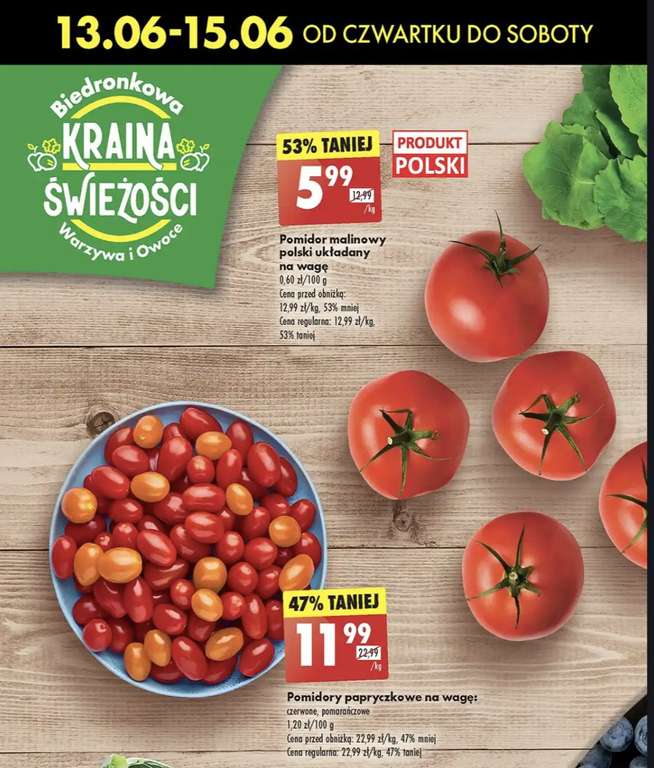 Pomidor papryczkowy luz 11,99 zł/kg, pomidor malinowy polski 5,99/kg.
