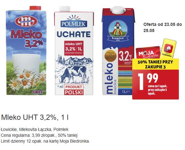 Mleko UHT 3,2% 1L Łowickie, Uchate, Mlekovita przy zakupie 3 @Biedronka