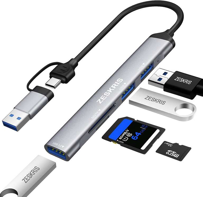 Hub USB C, ZESKRIS 5 portów, ultracienki koncentrator danych typu C z 1 USB 3.0, 2 USB 2.0, TF/SD/MicroSD przenośny rozdzielacz USB