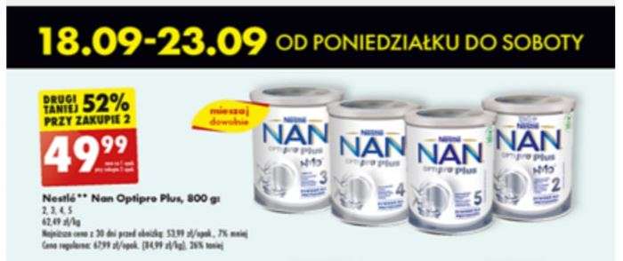 Mleko NAN Optipro Plus 2, 3, 4, 5 - przy zakupie dwóch puszek (800g) cena 49,99 - Biedronka