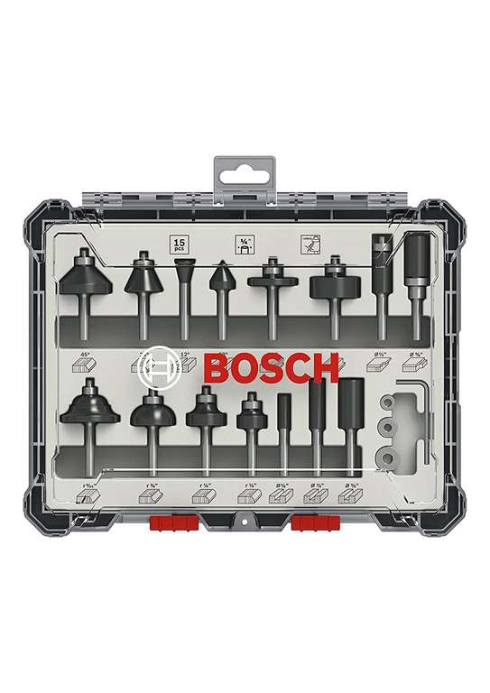 Bosch Professional 15 szt. Mieszane Zestawy Frezów (do Drewna, Ø 8 mm Trzonem, Akcesoriów Frezarek Górnowrzecionowych)