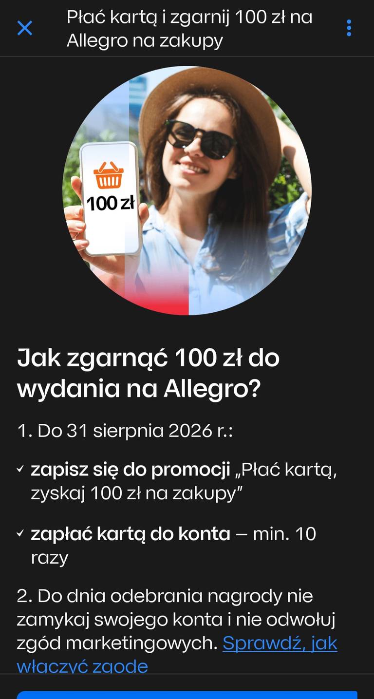 PKO BP 100zł Allegro za wykonanie 10 płatności kartą (dla wybranych)