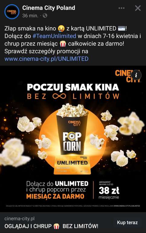 Cinema City Unlimited - Darmowy Popcorn przez 30 dni dla nowych. 3 miesiące minimalny okres zobowiązania.