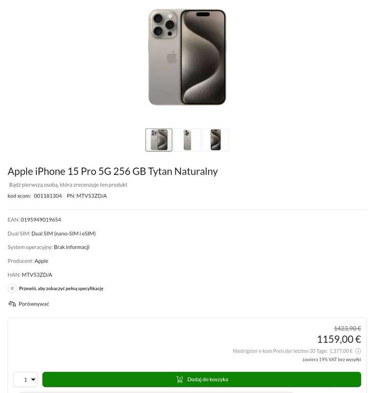 iPhone 15 Pro 256GB Tytan Naturalny - 1.159,00 €