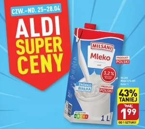 Mleko UHT 3,2% 1L od jednej sztuki Milsani @Aldi