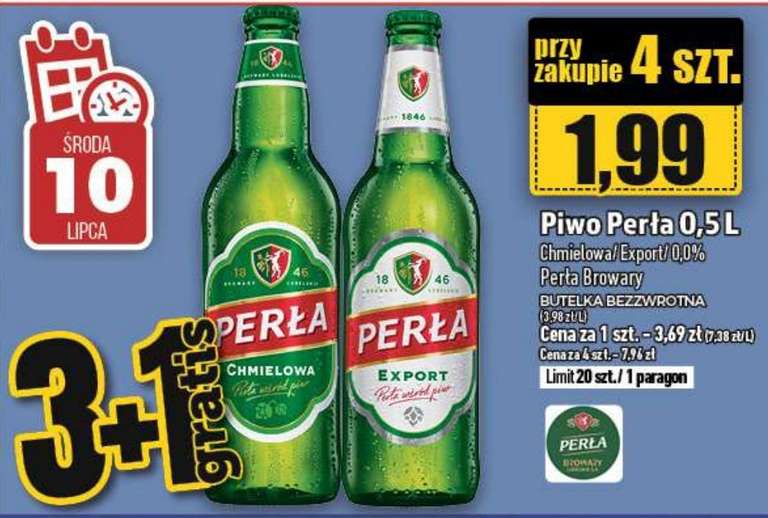 Piwo Perła Chmielowa/Export/0,0% butelka bezzwrotna 0,5L, 1,99zł przy zakupie 4 szt. - Topaz